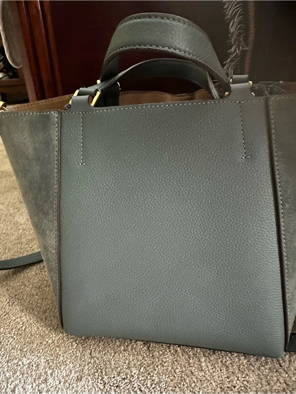 Tory Burch Slate Blue Leather & Suede Drawstring Bucket Crossbody